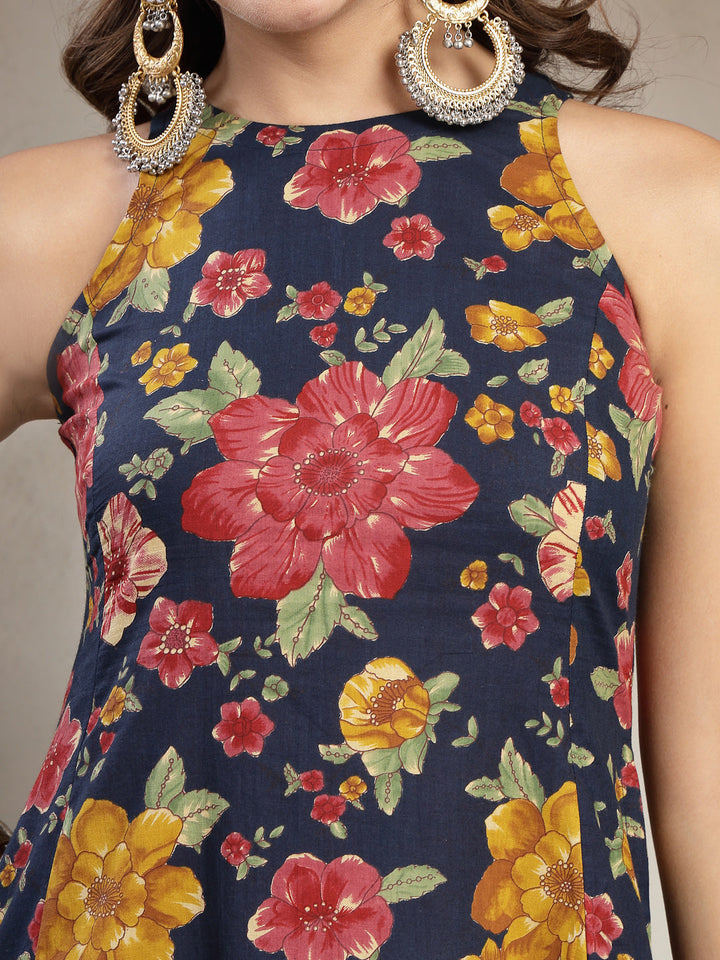 Flared Printed Cotton Round Neck Kurta Set