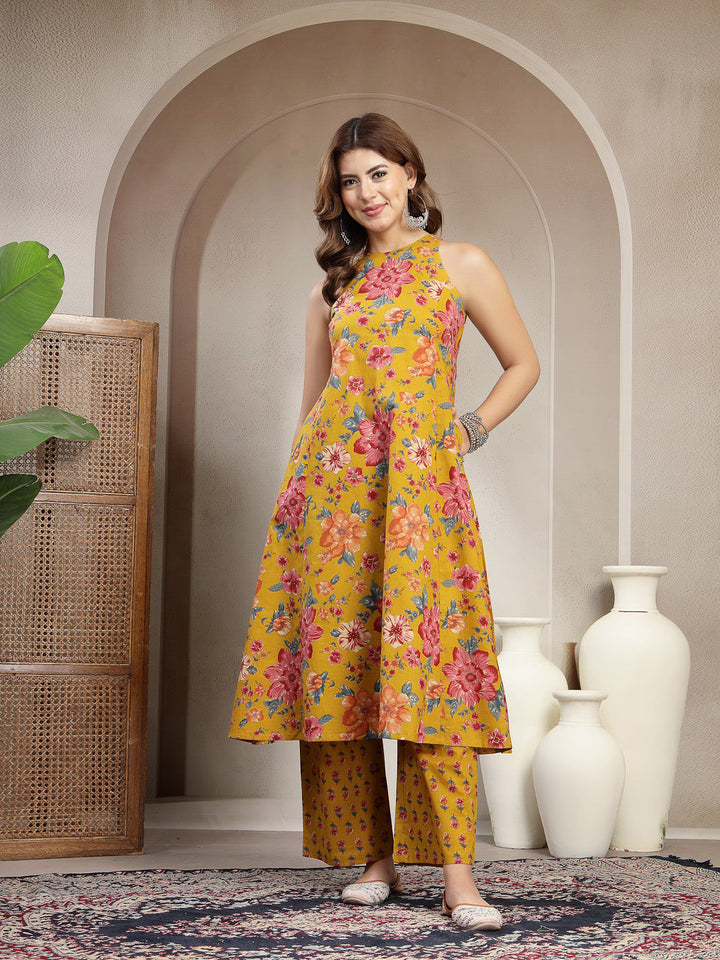 Flared Printed Cotton Round Neck Kurta Set