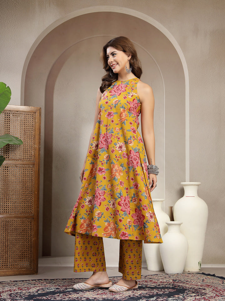 Flared Printed Cotton Round Neck Kurta Set
