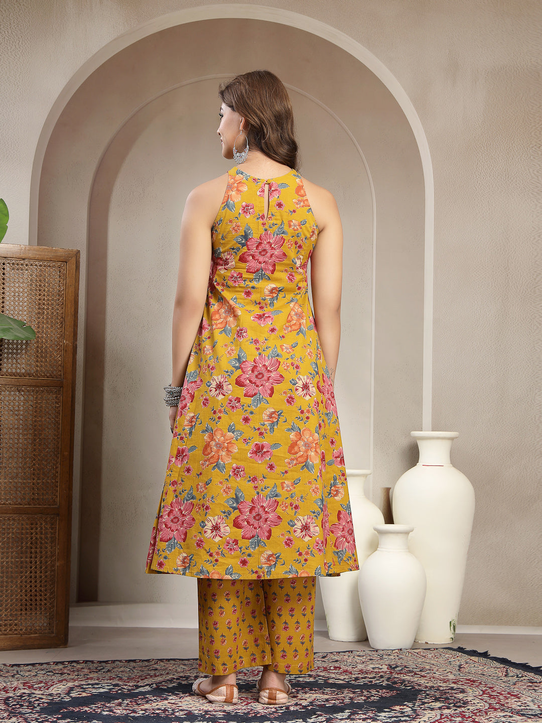 Flared Printed Cotton Round Neck Kurta Set