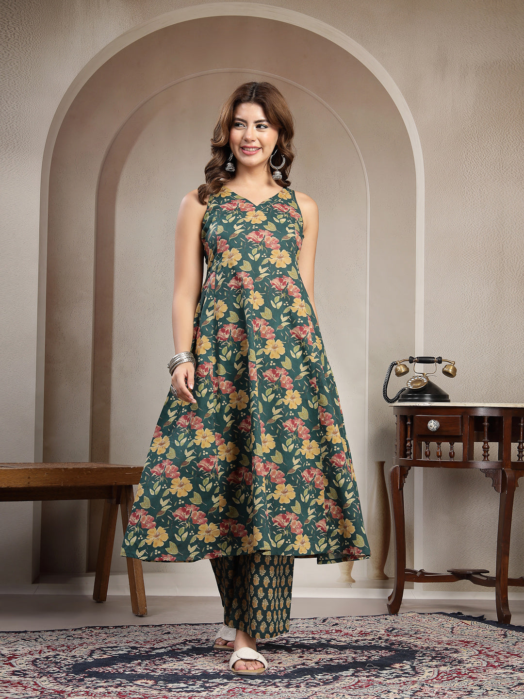 Flared Printed Cotton V-Neck Kurta Set