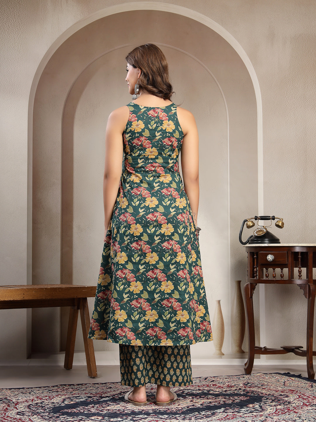 Flared Printed Cotton V-Neck Kurta Set