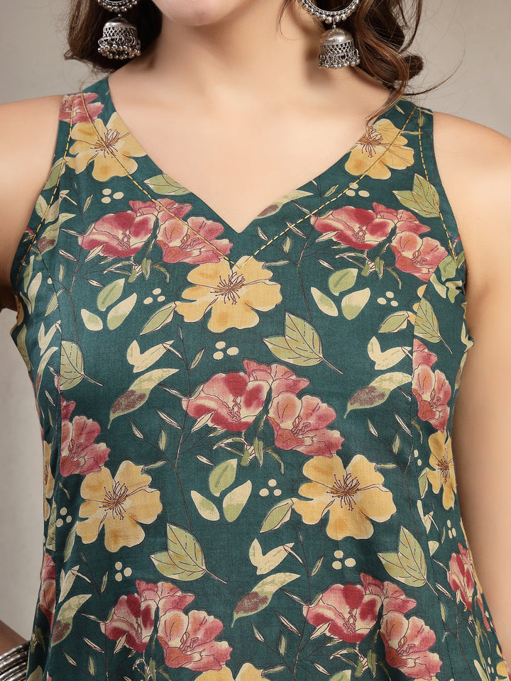 Flared Printed Cotton V-Neck Kurta Set