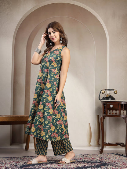 Flared Printed Cotton V-Neck Kurta Set