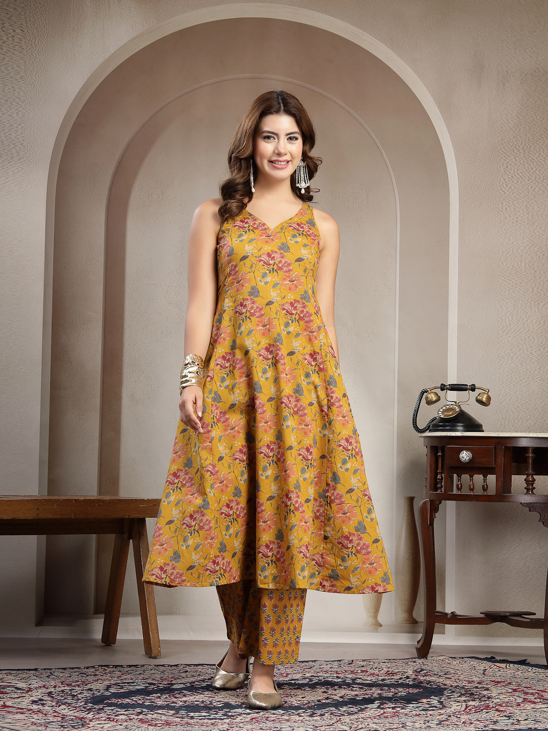 Flared Printed Cotton V-Neck Kurta Set