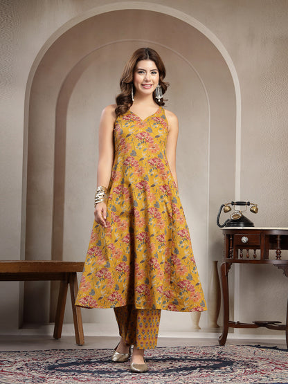 Flared Printed Cotton V-Neck Kurta Set