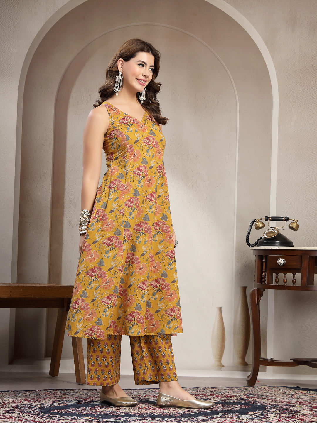 Flared Printed Cotton V-Neck Kurta Set