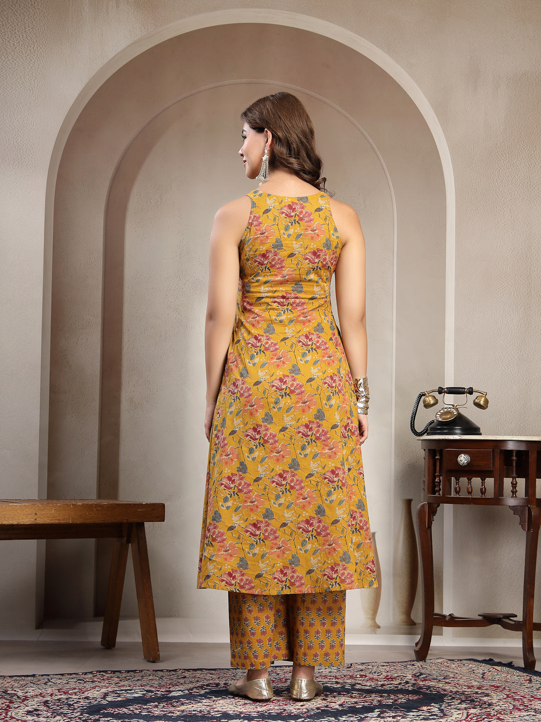Flared Printed Cotton V-Neck Kurta Set