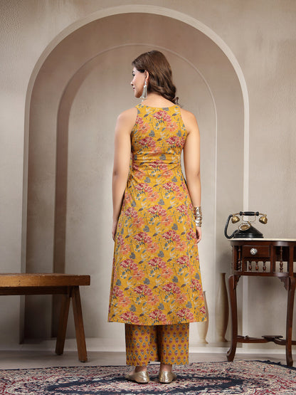 Flared Printed Cotton V-Neck Kurta Set