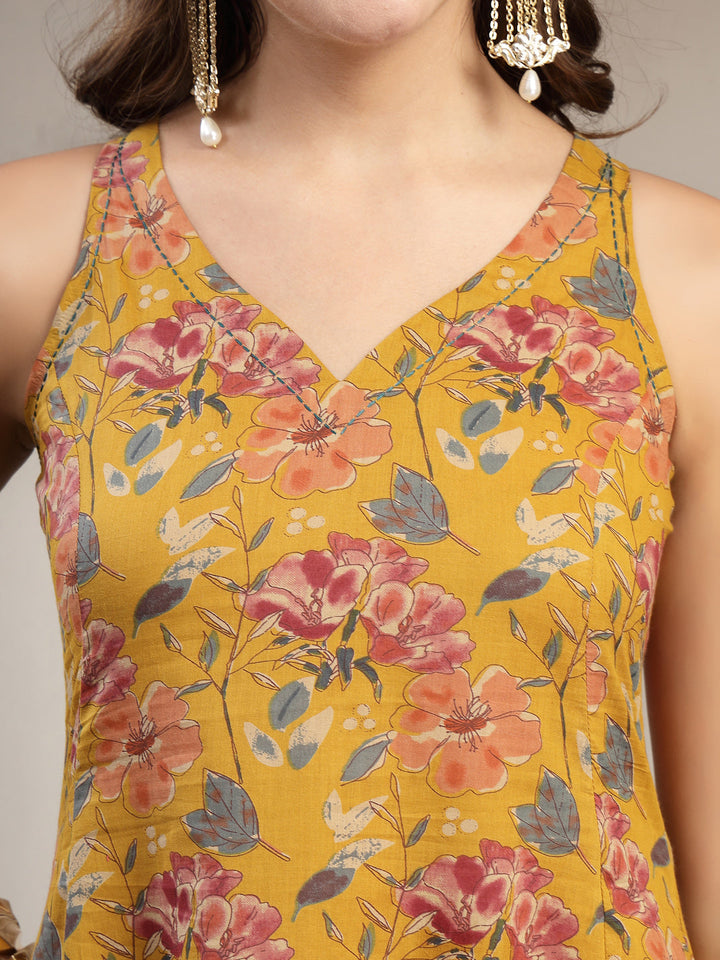 Flared Printed Cotton V-Neck Kurta Set