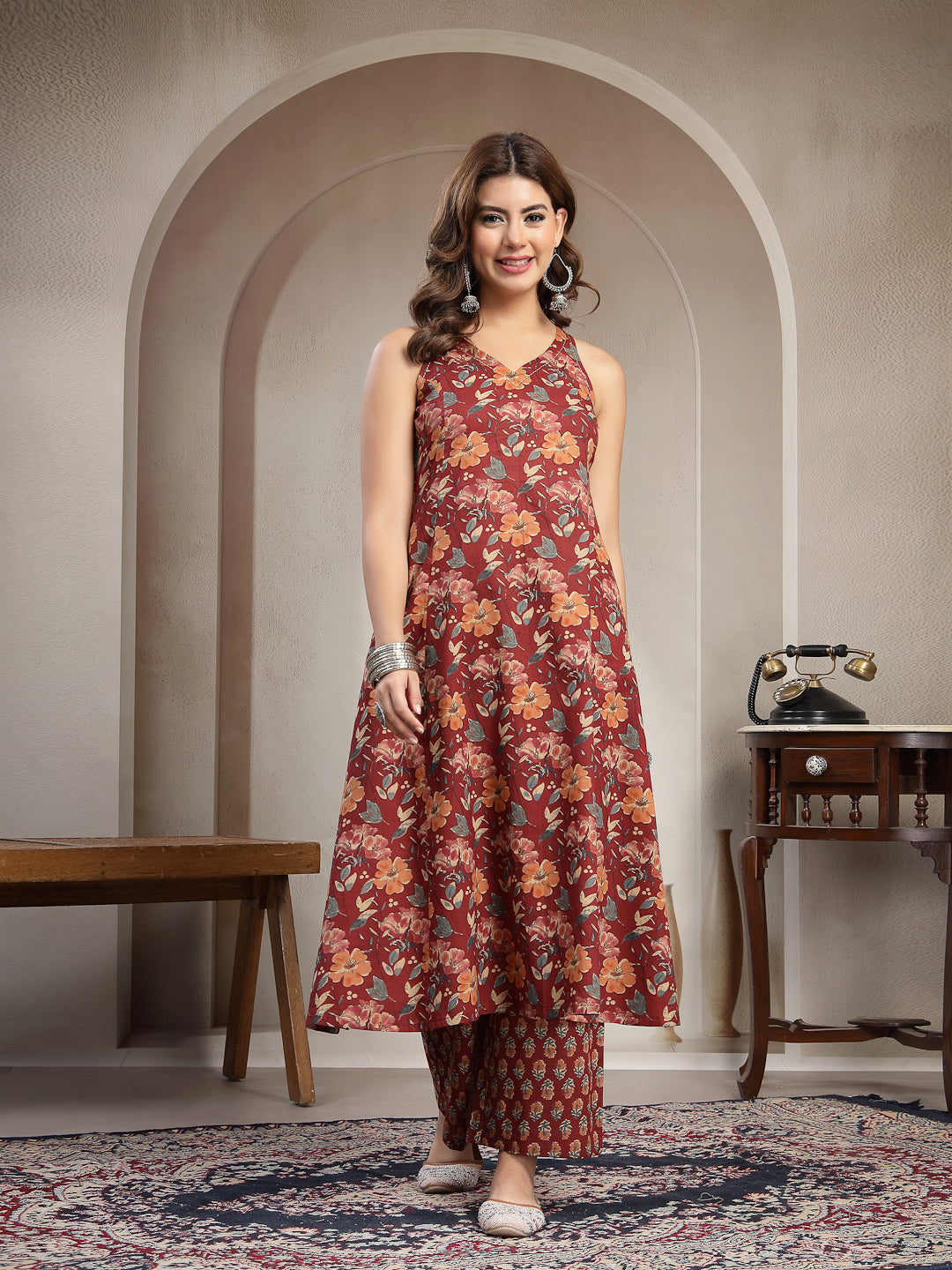 Flared Printed Cotton V-Neck Kurta Set