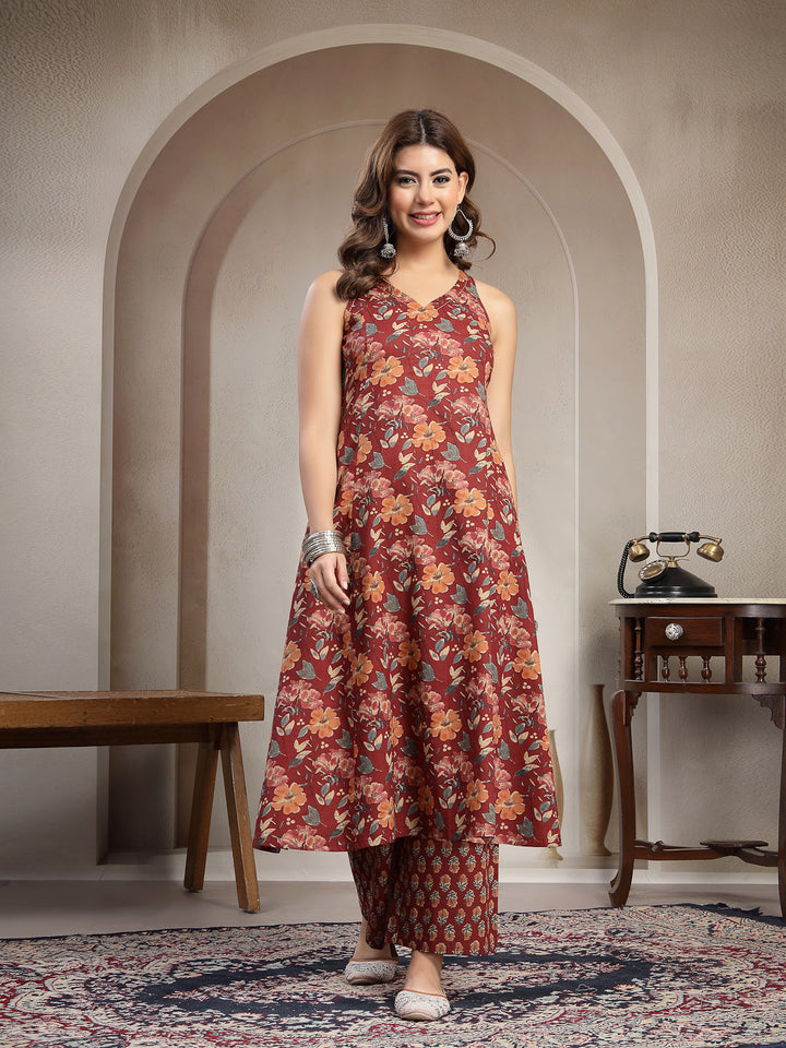Flared Printed Cotton V-Neck Kurta Set