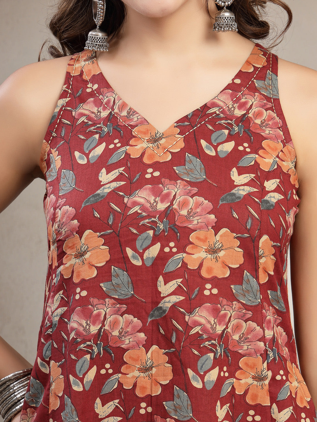 Flared Printed Cotton V-Neck Kurta Set