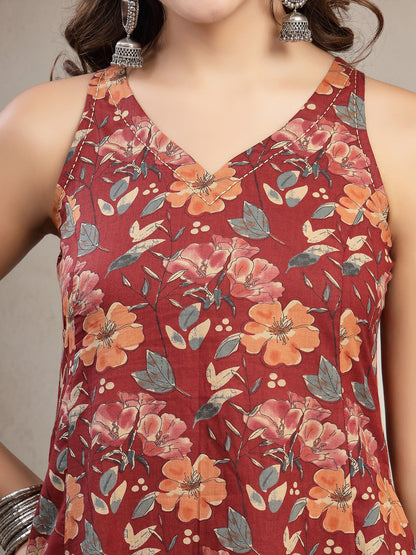 Flared Printed Cotton V-Neck Kurta Set
