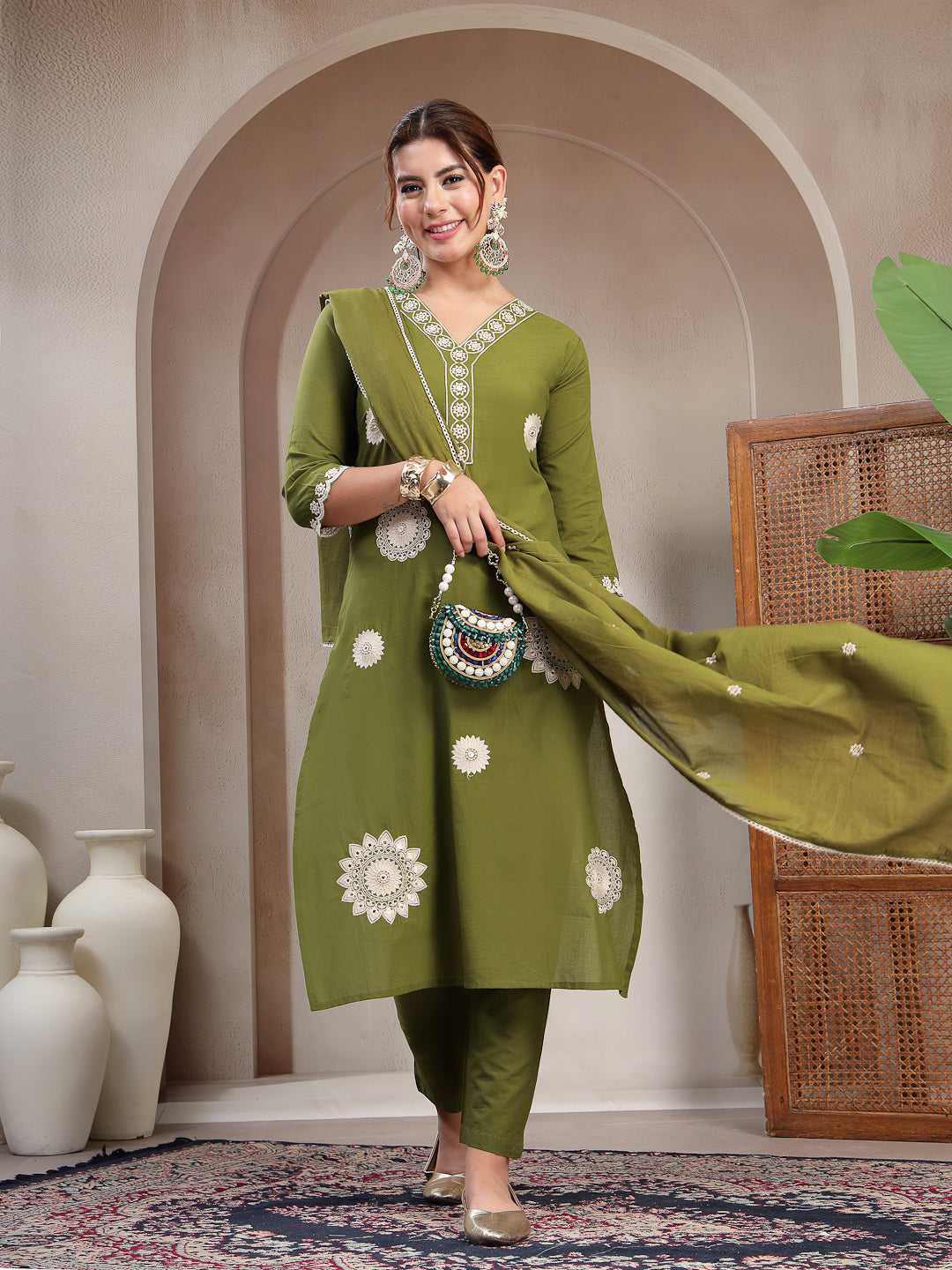 Straight Solid Cotton V-Neck Kurta Set With Dupatta