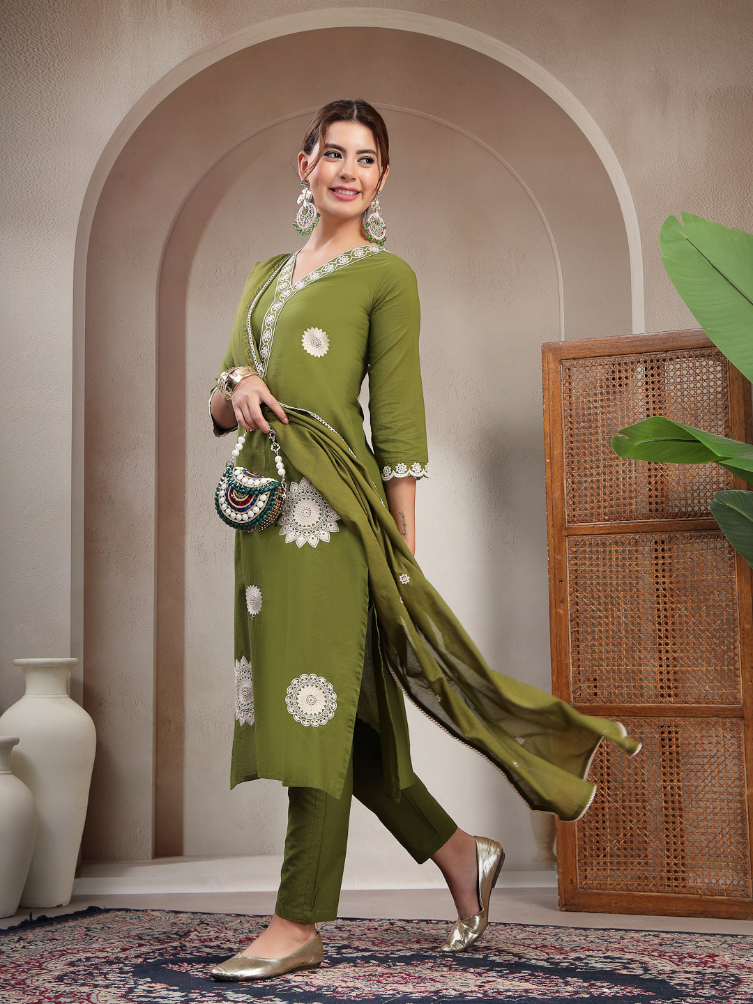 Straight Solid Cotton V-Neck Kurta Set With Dupatta