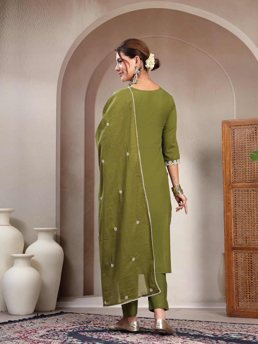 Straight Solid Cotton V-Neck Kurta Set With Dupatta