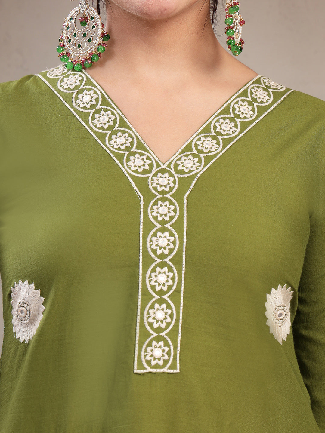 Straight Solid Cotton V-Neck Kurta Set With Dupatta