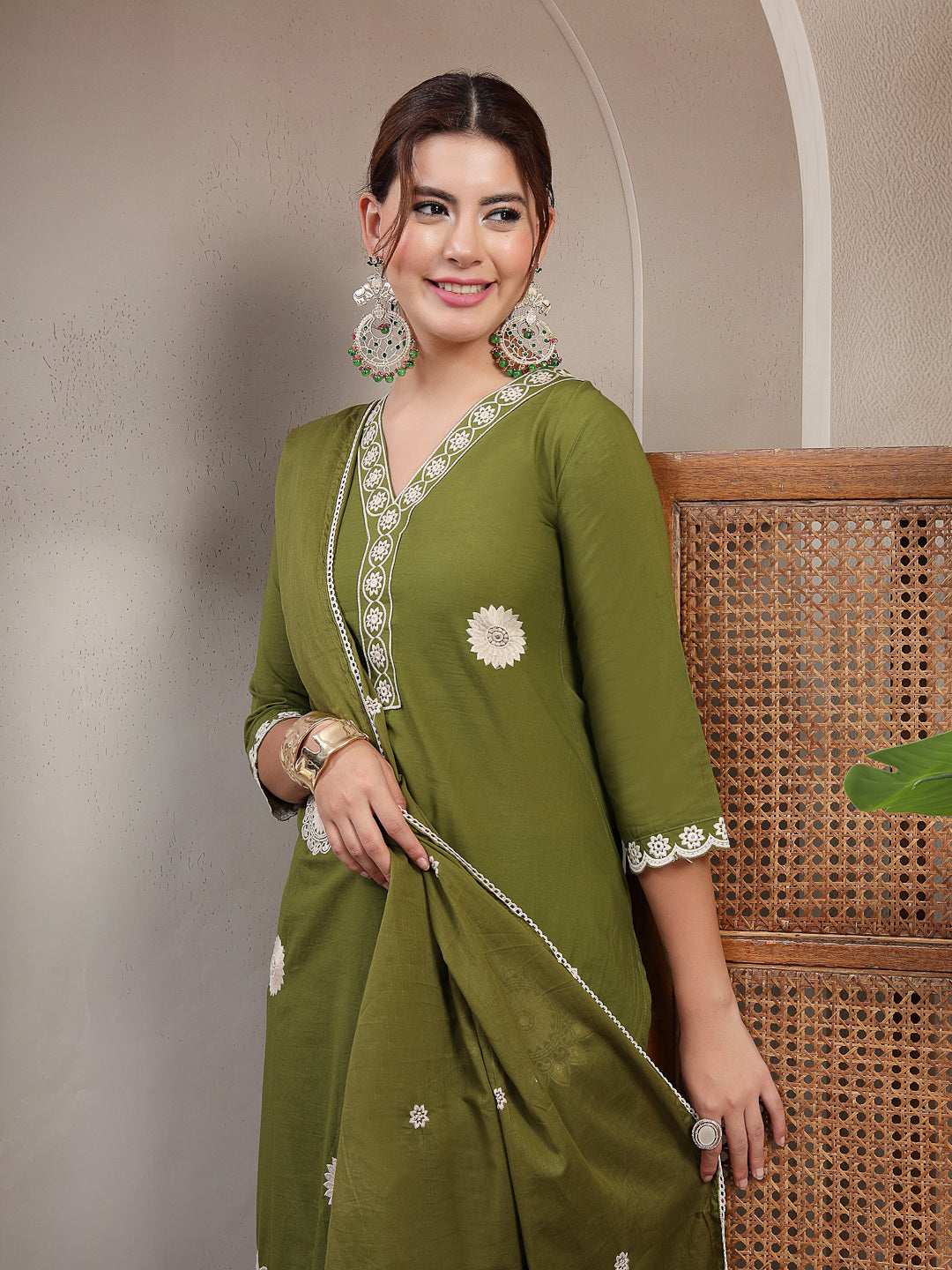 Straight Solid Cotton V-Neck Kurta Set With Dupatta