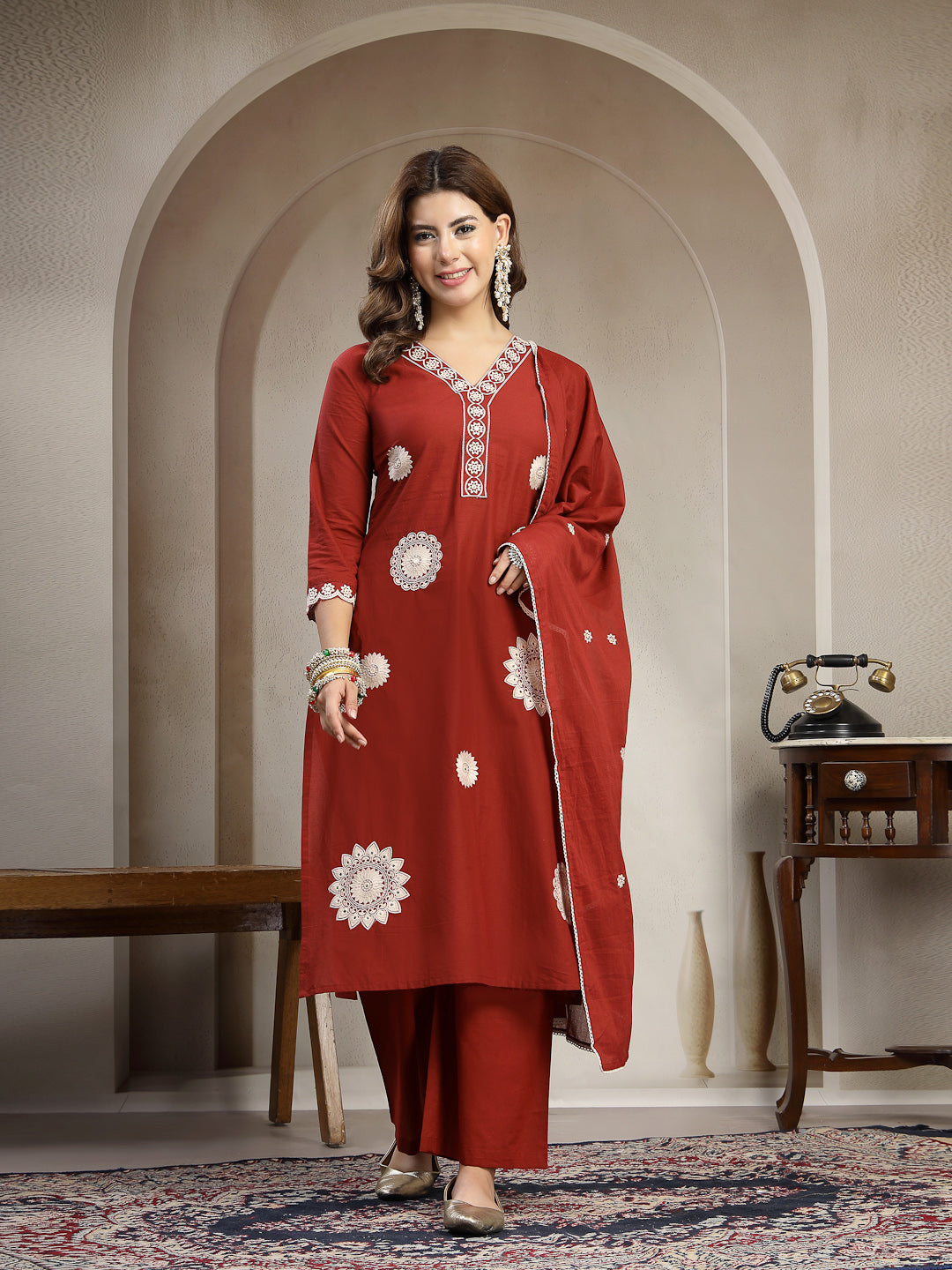 Straight Solid Cotton V-Neck Kurta Set With Dupatta