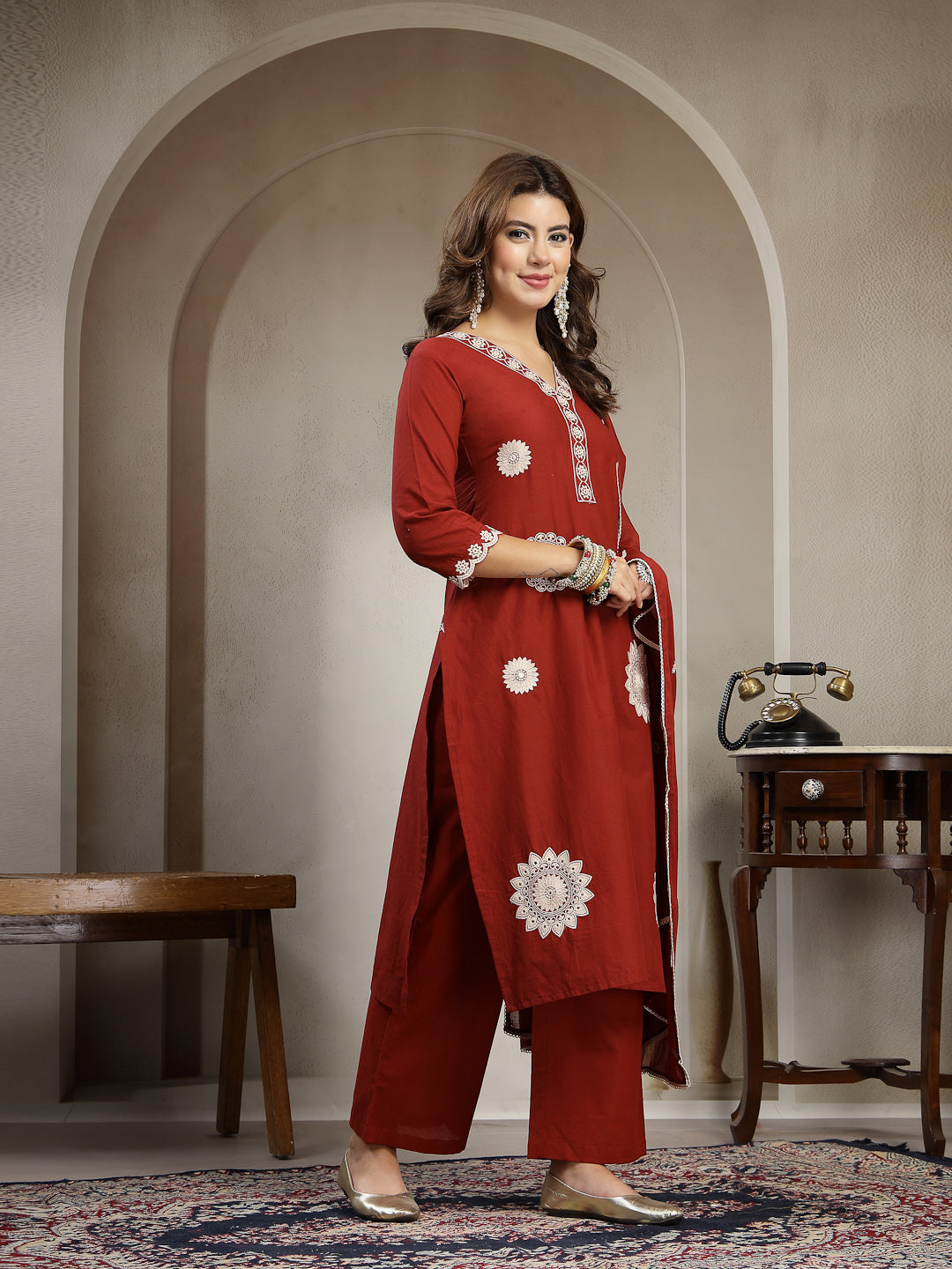 Straight Solid Cotton V-Neck Kurta Set With Dupatta