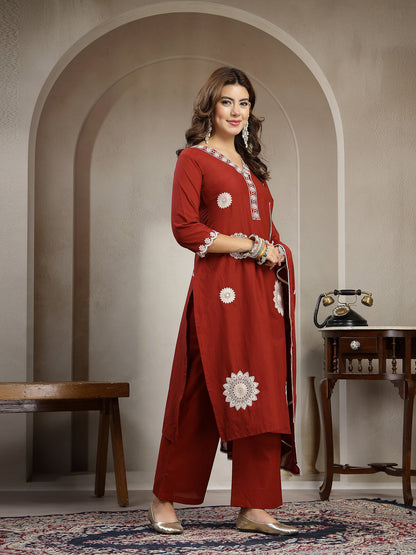 Straight Solid Cotton V-Neck Kurta Set With Dupatta