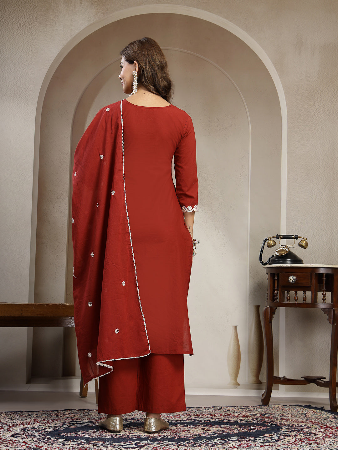 Straight Solid Cotton V-Neck Kurta Set With Dupatta