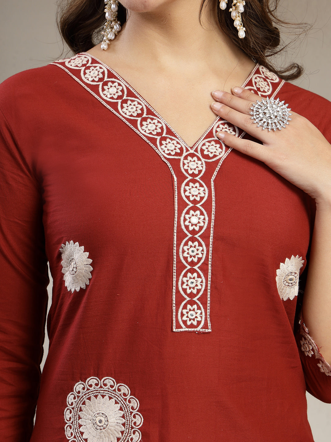 Straight Solid Cotton V-Neck Kurta Set With Dupatta