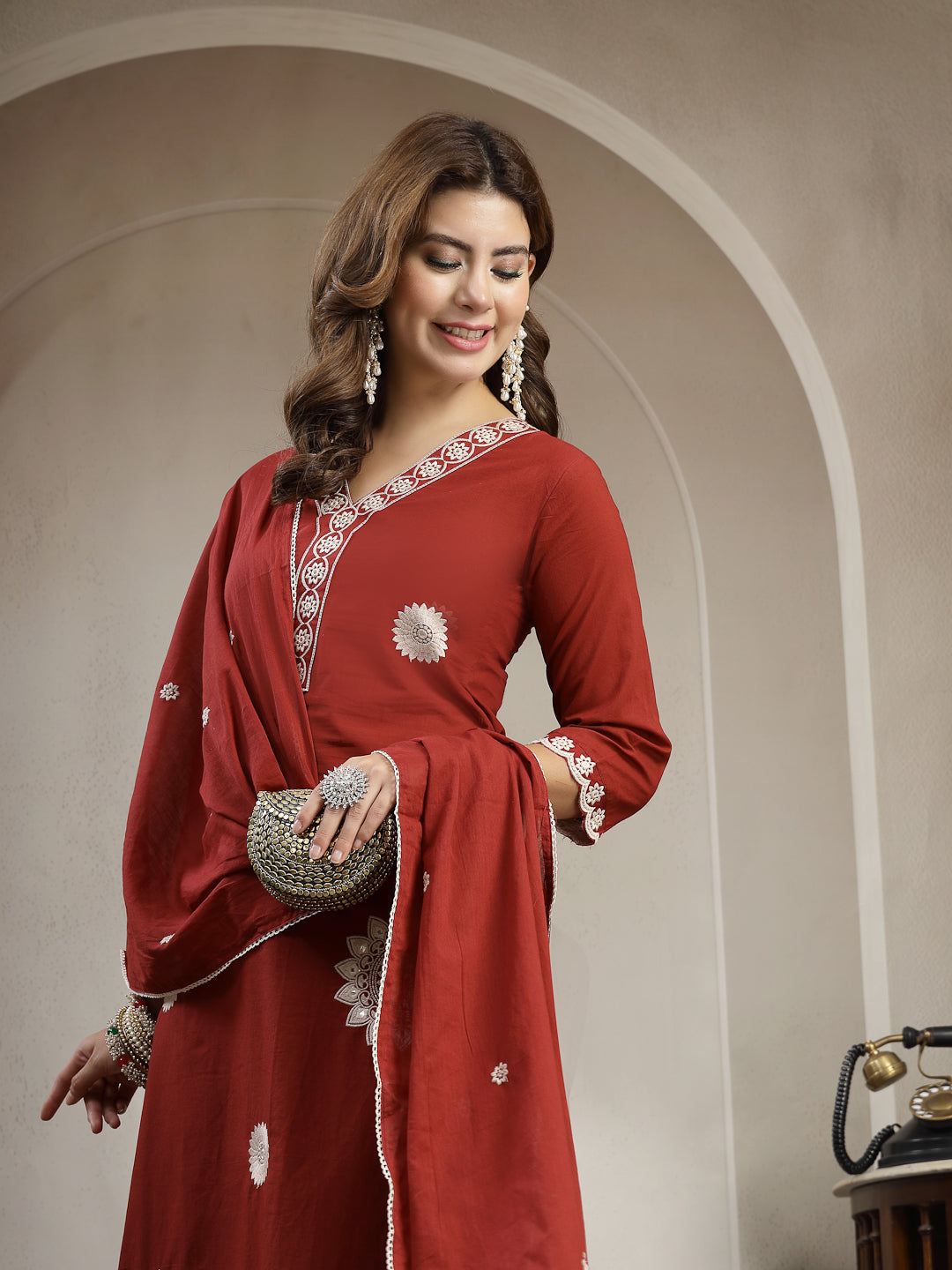 Straight Solid Cotton V-Neck Kurta Set With Dupatta