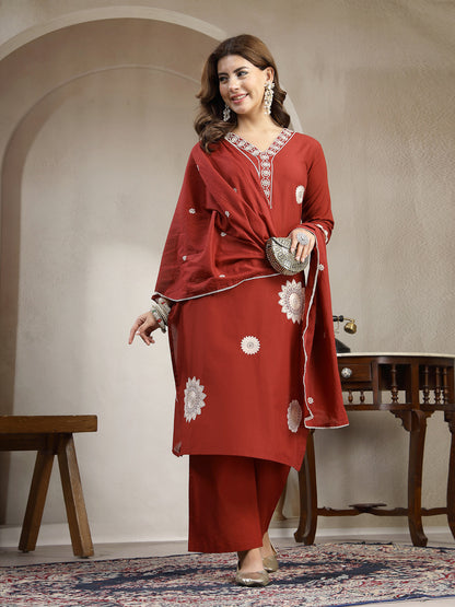 Straight Solid Cotton V-Neck Kurta Set With Dupatta