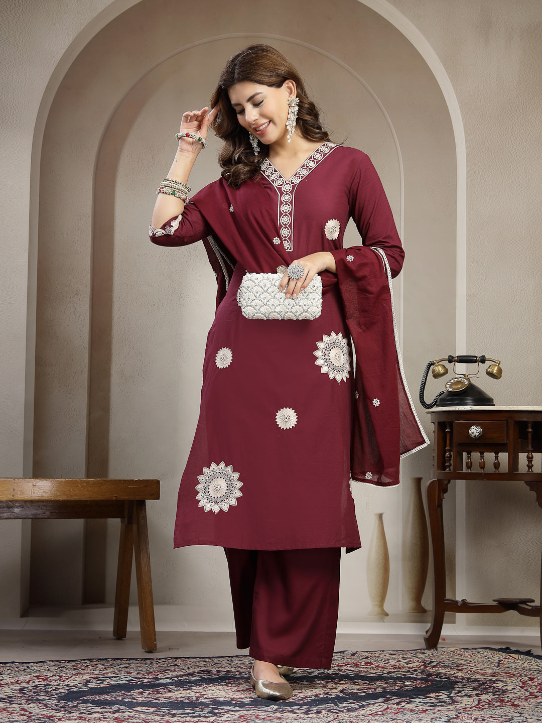 Straight Solid Cotton V-Neck Kurta Set With Dupatta