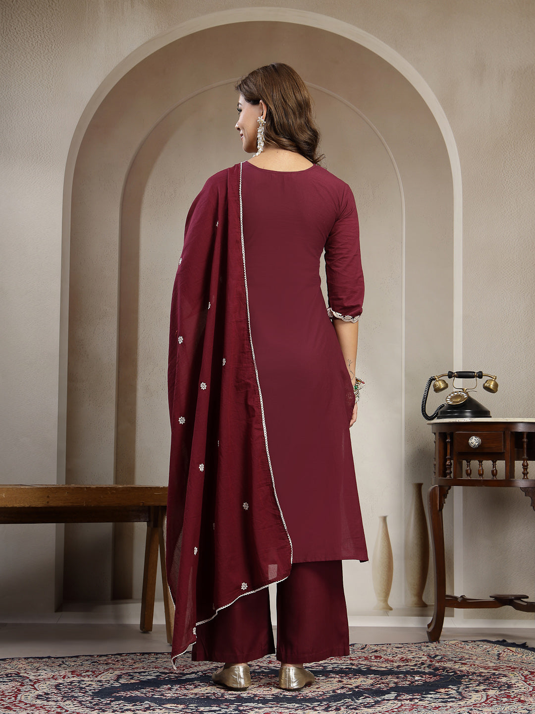 Straight Solid Cotton V-Neck Kurta Set With Dupatta