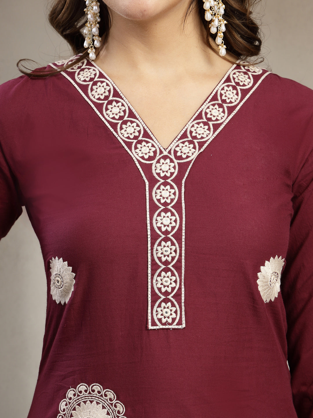 Straight Solid Cotton V-Neck Kurta Set With Dupatta