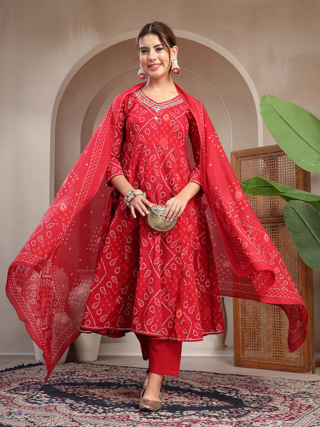 Flared Printed Cotton V-Neck Kurta Set With Dupatta