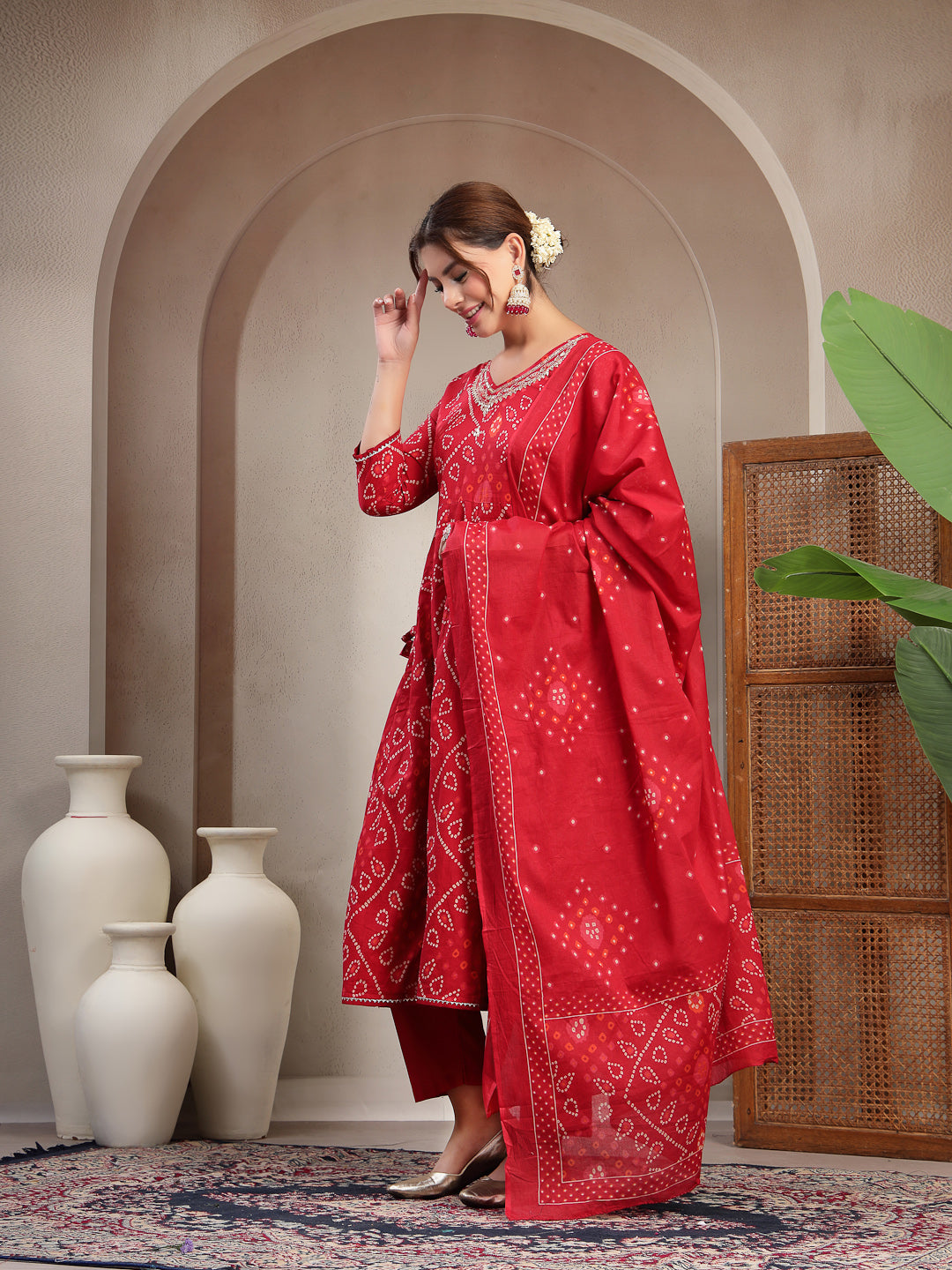 Flared Printed Cotton V-Neck Kurta Set With Dupatta