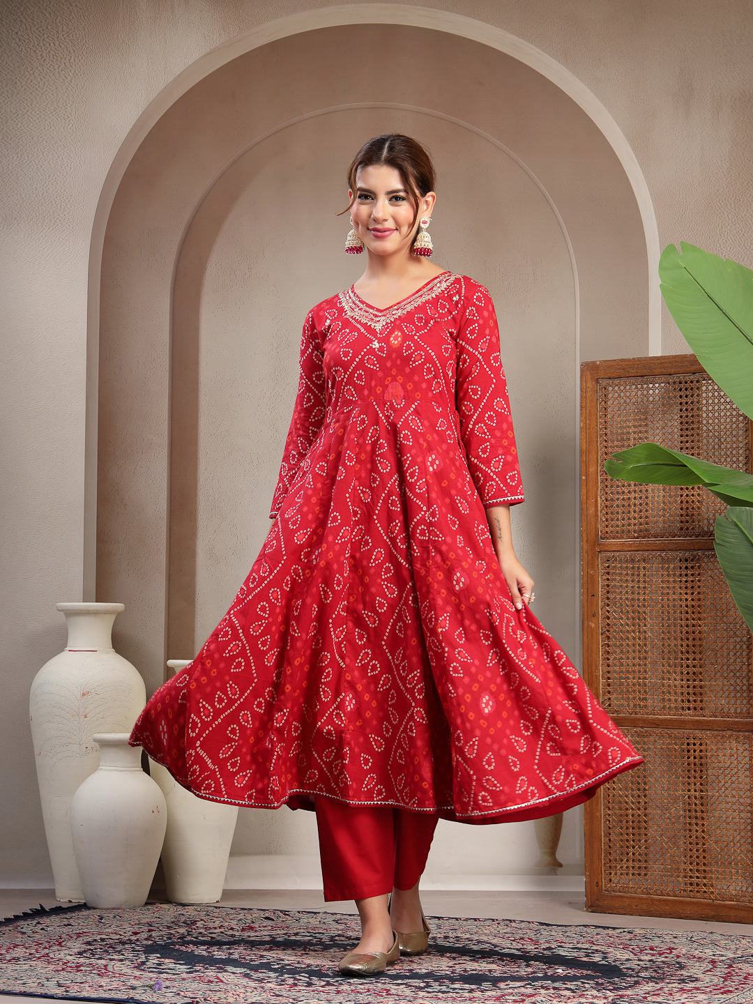Flared Printed Cotton V-Neck Kurta Set With Dupatta