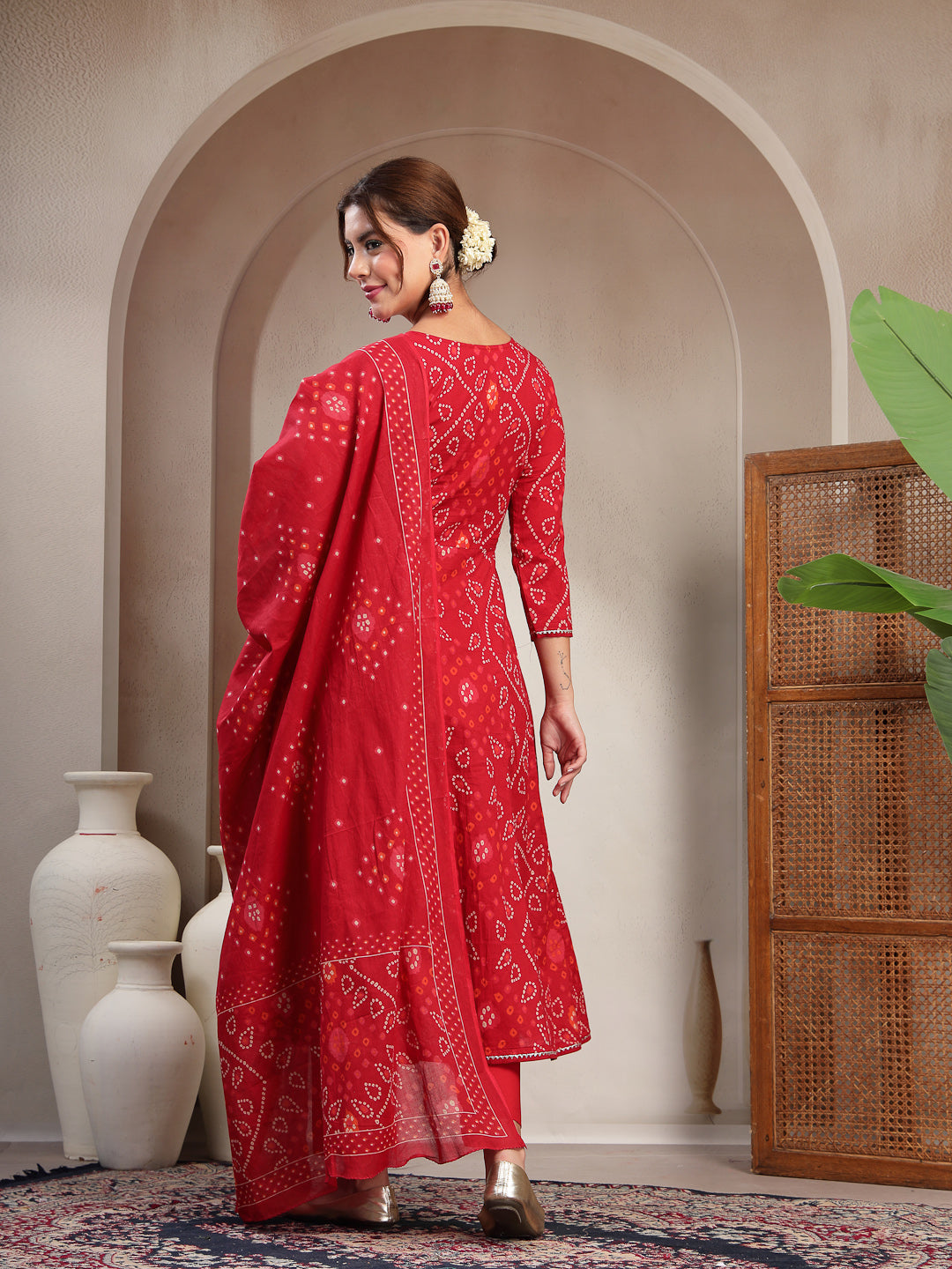 Flared Printed Cotton V-Neck Kurta Set With Dupatta