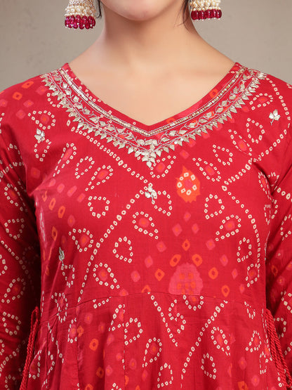 Flared Printed Cotton V-Neck Kurta Set With Dupatta