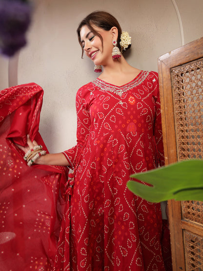 Flared Printed Cotton V-Neck Kurta Set With Dupatta