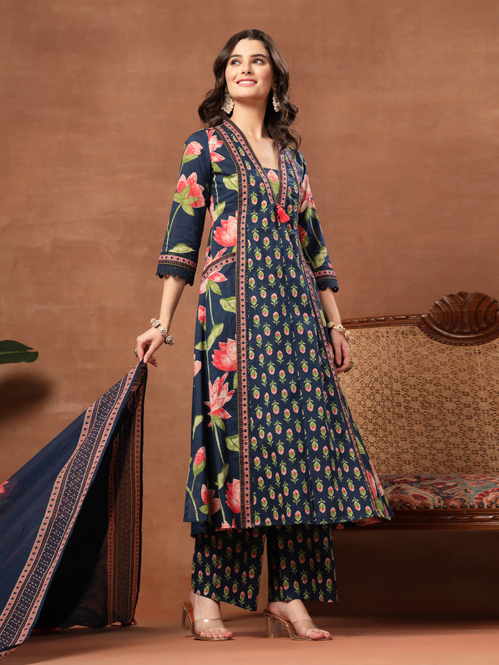 Flared Printed Cotton V-Neck Kurta Set With Dupatta