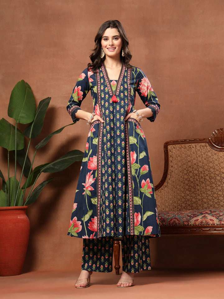 Flared Printed Cotton V-Neck Kurta Set With Dupatta