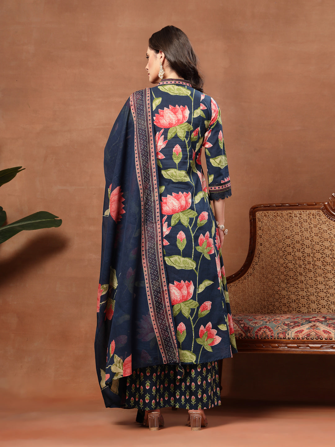 Flared Printed Cotton V-Neck Kurta Set With Dupatta
