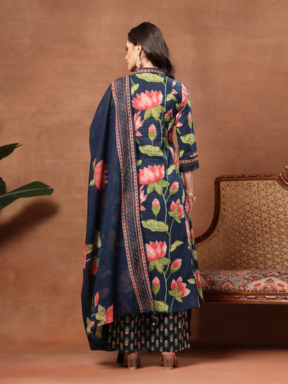 Flared Printed Cotton V-Neck Kurta Set With Dupatta