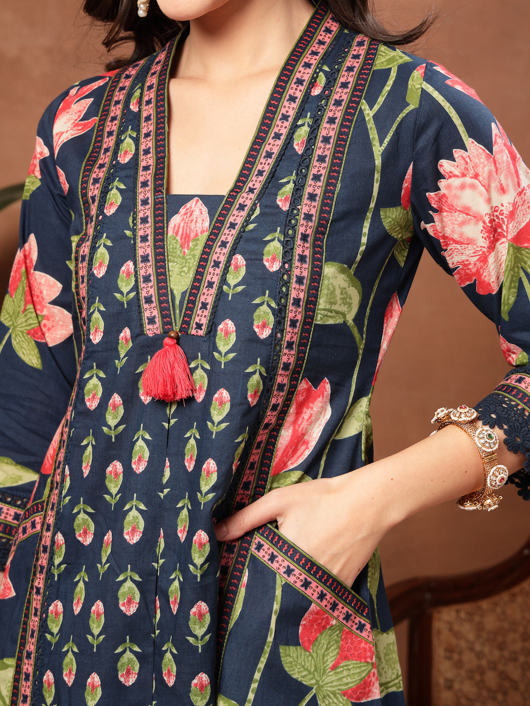 Flared Printed Cotton V-Neck Kurta Set With Dupatta