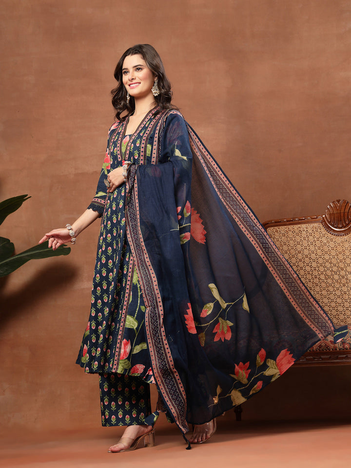 Flared Printed Cotton V-Neck Kurta Set With Dupatta