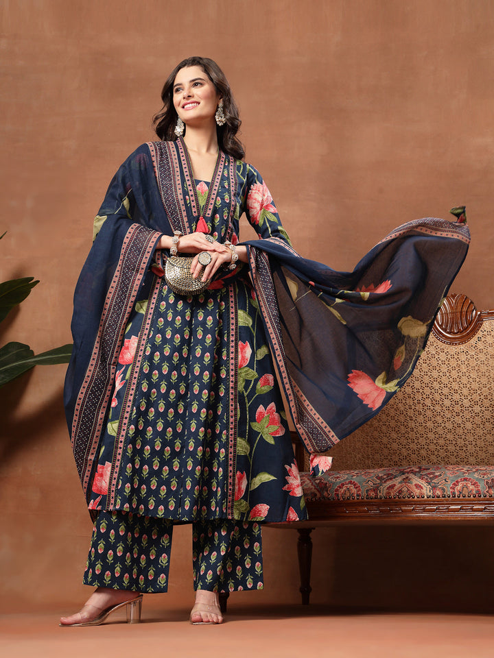 Flared Printed Cotton V-Neck Kurta Set With Dupatta