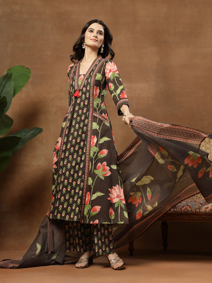 Flared Printed Cotton V-Neck Kurta Set With Dupatta