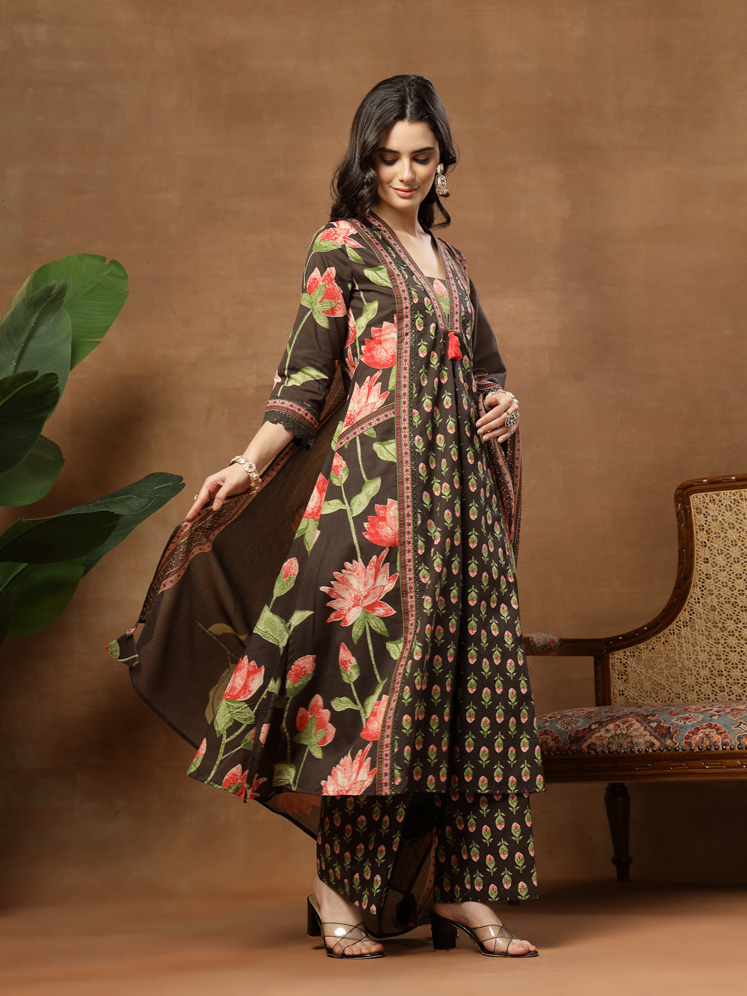 Flared Printed Cotton V-Neck Kurta Set With Dupatta