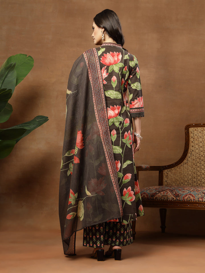 Flared Printed Cotton V-Neck Kurta Set With Dupatta