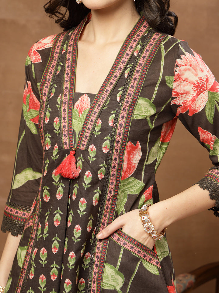 Flared Printed Cotton V-Neck Kurta Set With Dupatta